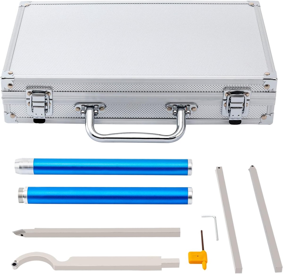 8-delige draaiset, wisselplaten voor draaien, draaieraccessoires bevat zwanenhals/vierkant/diamantvorm/rond draaimes en afneembare aluminium handgreep, draaibank snijhout