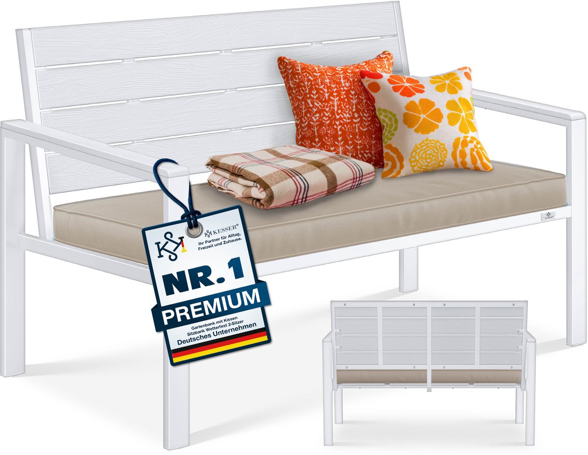 KESSER® Tuinbank met kussen - 2-zits parkbank in houtlook, tot 300 kg - 120 x 64 x 78 cm - wit/wit