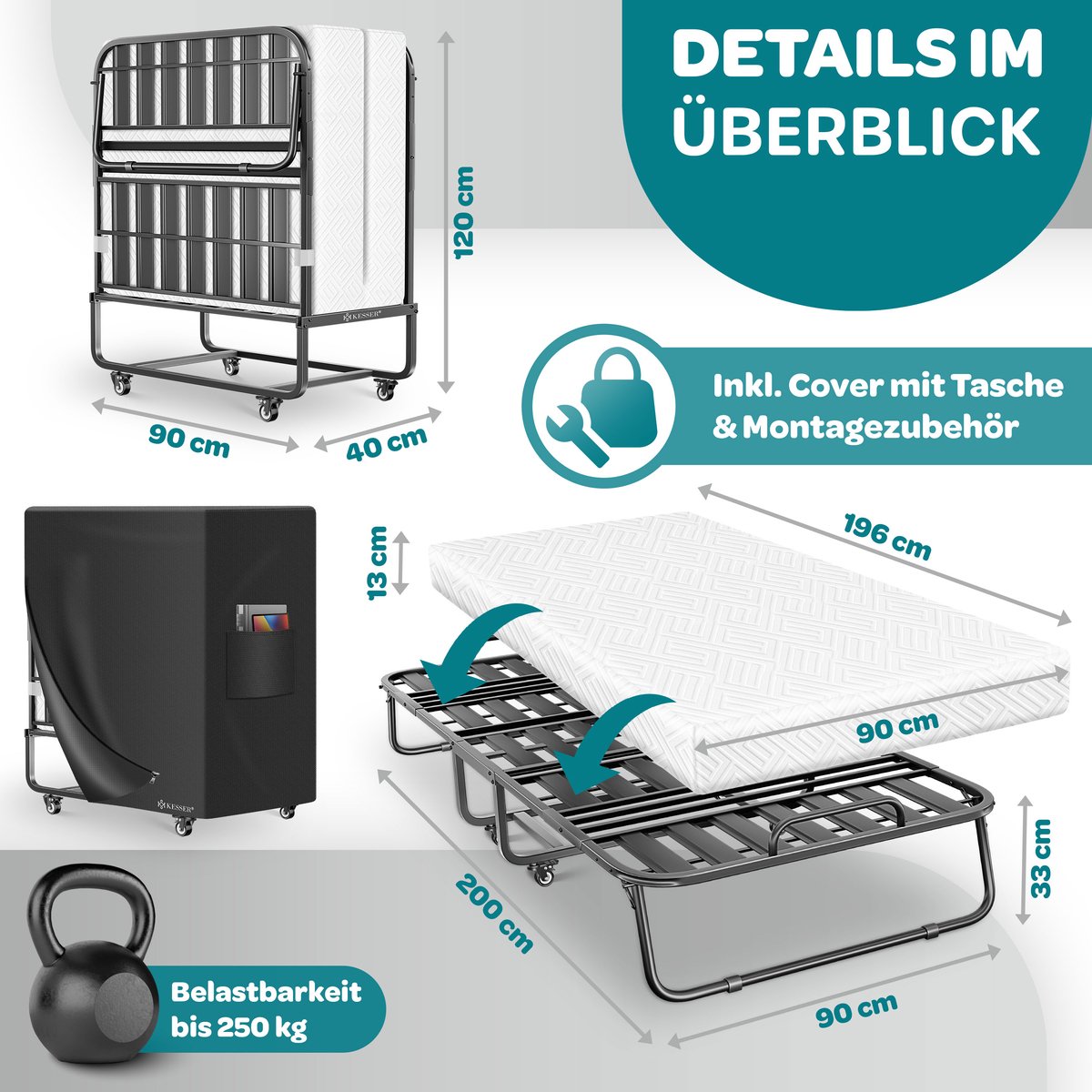 KESSER® Opklapbed 200 x 90 cm - Logeerbed met traagschuimmatras - Tot 250 kg - Wit Premium Komfort thumbnail 2