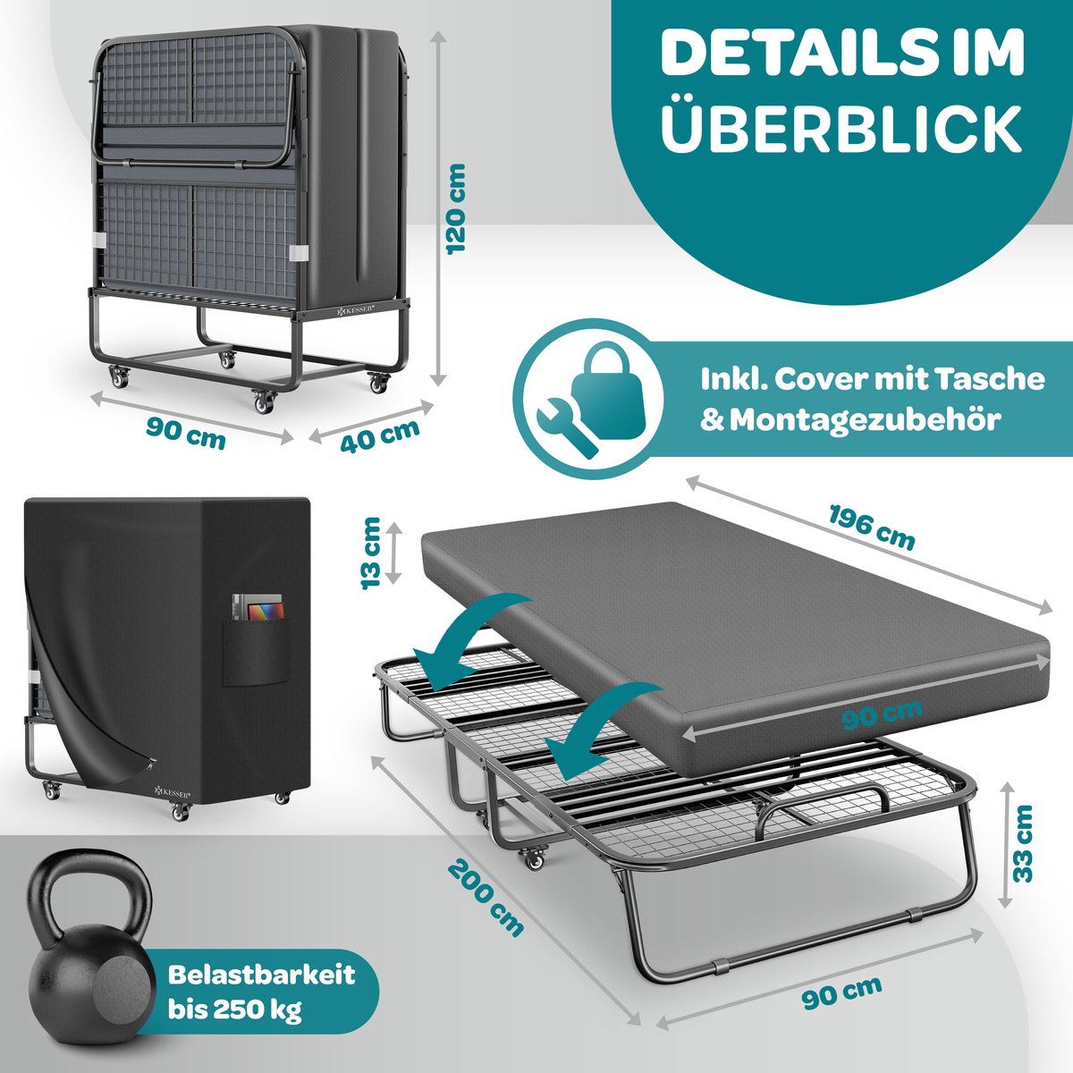KESSER® Opklapbed 200 x 90 cm - Logeerbed met traagschuimmatras - Tot 250 kg - Antraciet Deluxe Plus thumbnail 4