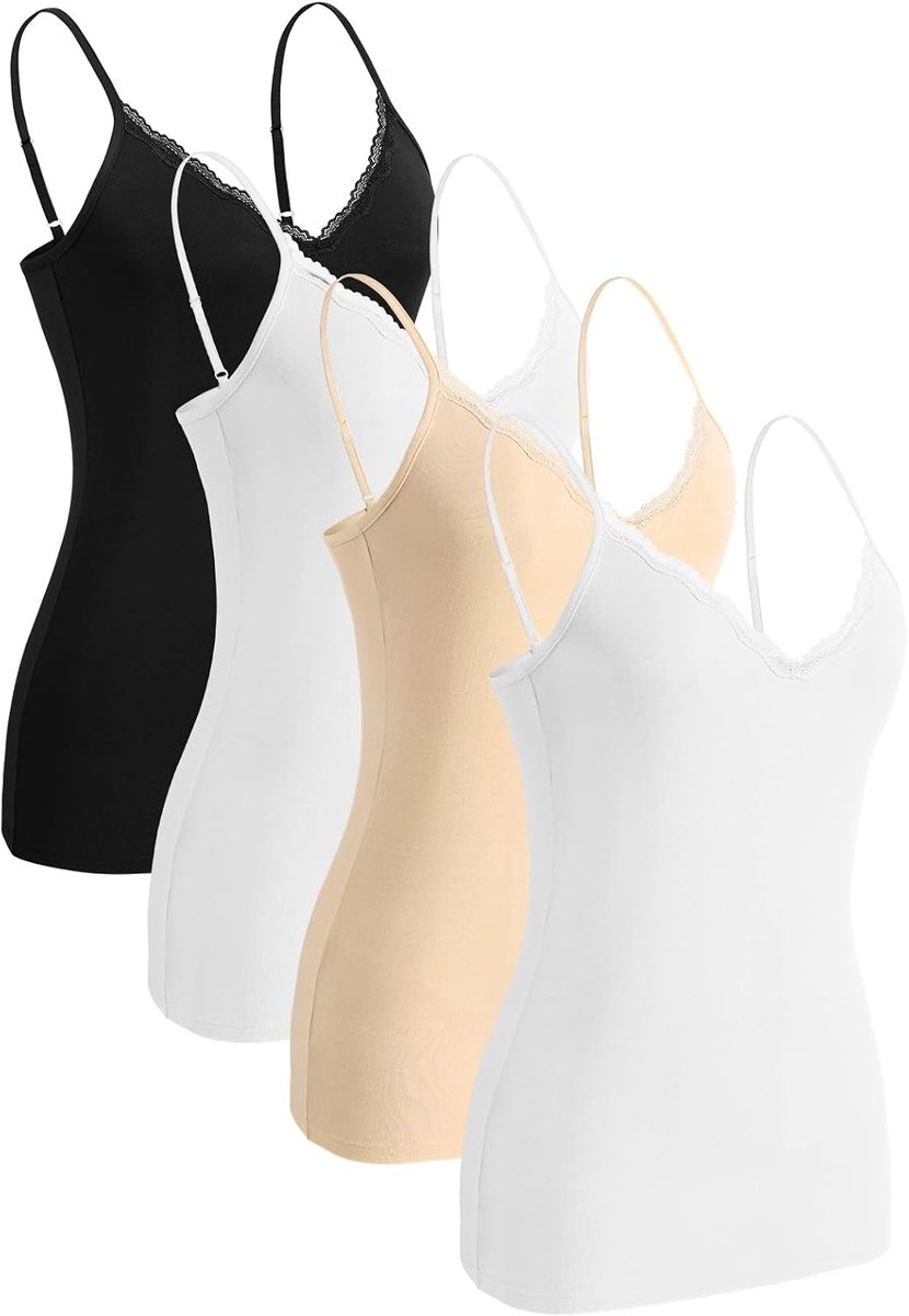 Kanten onderhemd voor dames, spaghettibandjes, tanktop, verstelbare V-hals, onderhemden, verpakking van 4 stuks