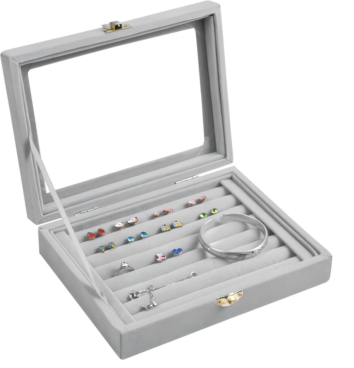 Sieradenorganizer, fluweel, 7 vakken, opbergdoos voor sieraden, met glazen deksel, ringkast, sieradenkistje, ringen - ShopVlot