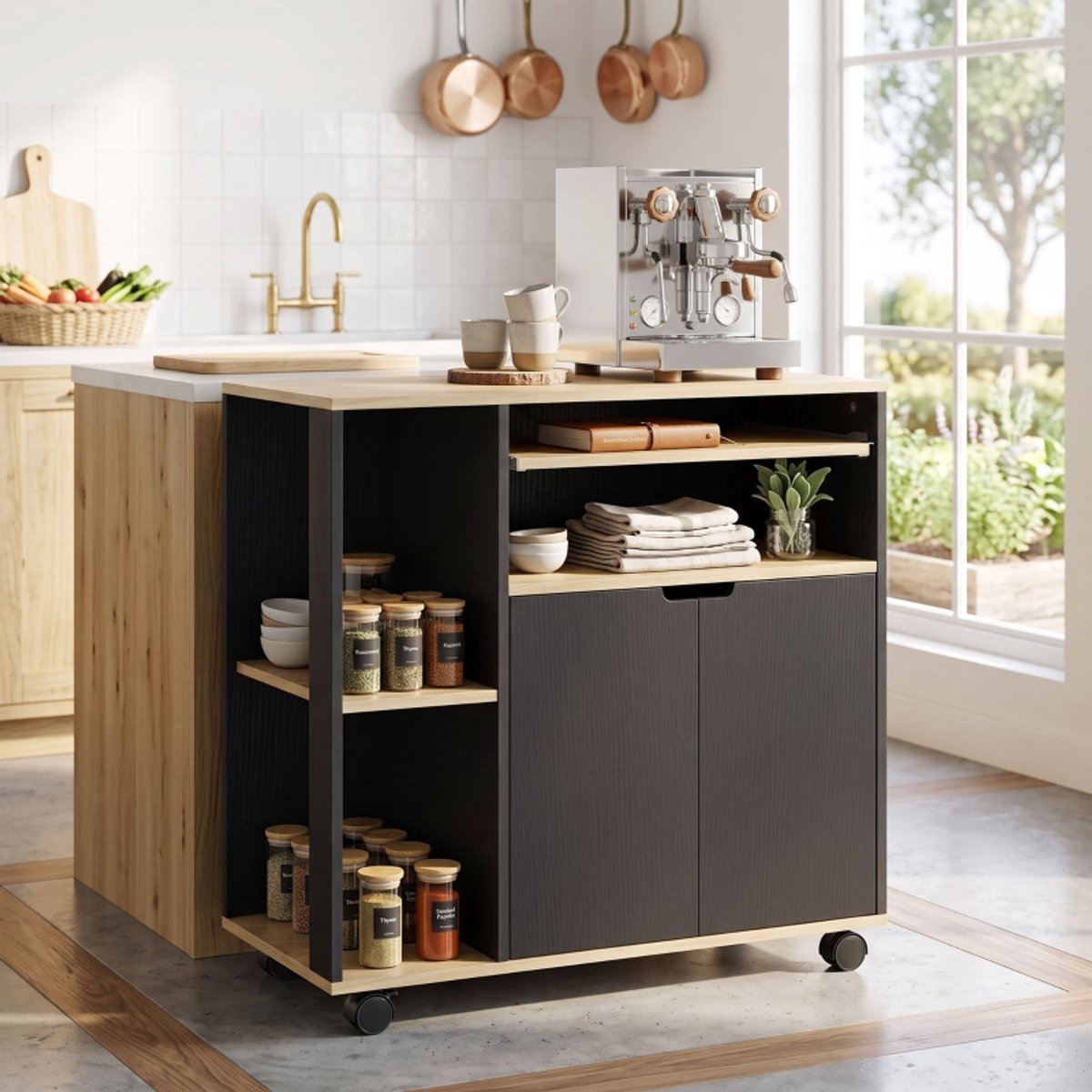 Keukenkast Verrijdbaar – 80 x 40 x 82 cm – Zwart Met Houtkleurig Werkblad – Dubbele Deuren, Verstelbare Plank En Remwielen
