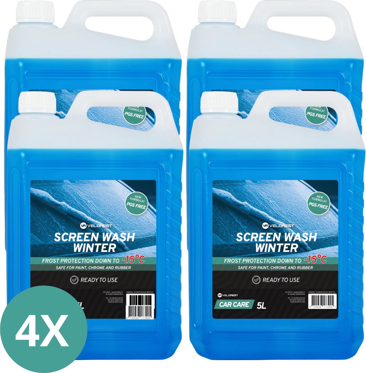 Velorest Ruitenwisservloeistof Winter 5L (4-pack) - Ruitensproeiervloeistof Winter - Ruitenwisservloeistoffen Antivries - Ruitenvloeistof Auto - Ruitenwisservloeistof Concentraat - Screenwash