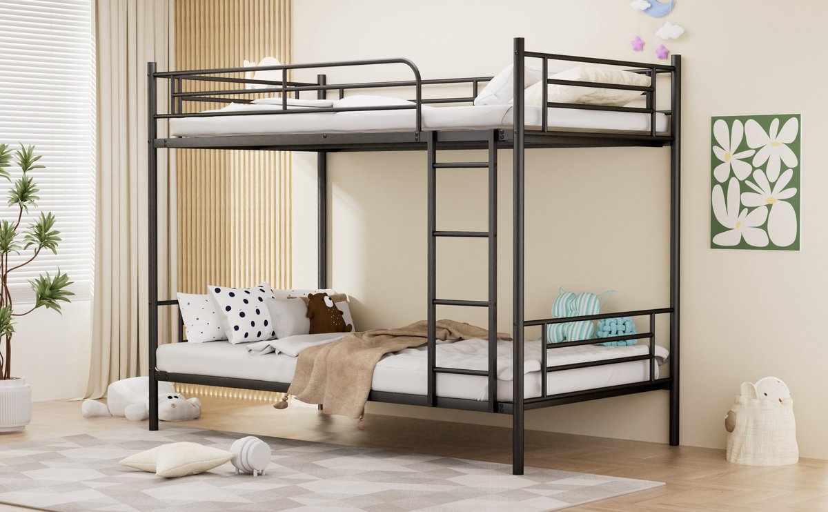 MODENUIT Stapelbed – 90 x 190 cm – Stalen Frame – Zwart – Met Ladder en Doorlopend Veiligheidshek – Kinderkamer