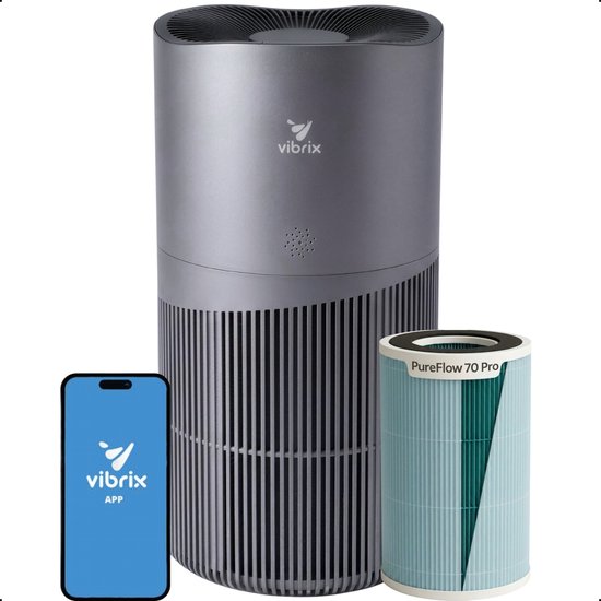 Vibrix PureFlow70 Pro Luchtreiniger / Air Purifier – HEPA H14 + koolstoffilter inbegrepen – 468 m³/u, voor kamers tot ca. 70 m² – Ionisator – App-bediening – Zeer stil & slaapstand – Luchtkwaliteitindicator – Helpt bij stof, pollen & huisstofmijt