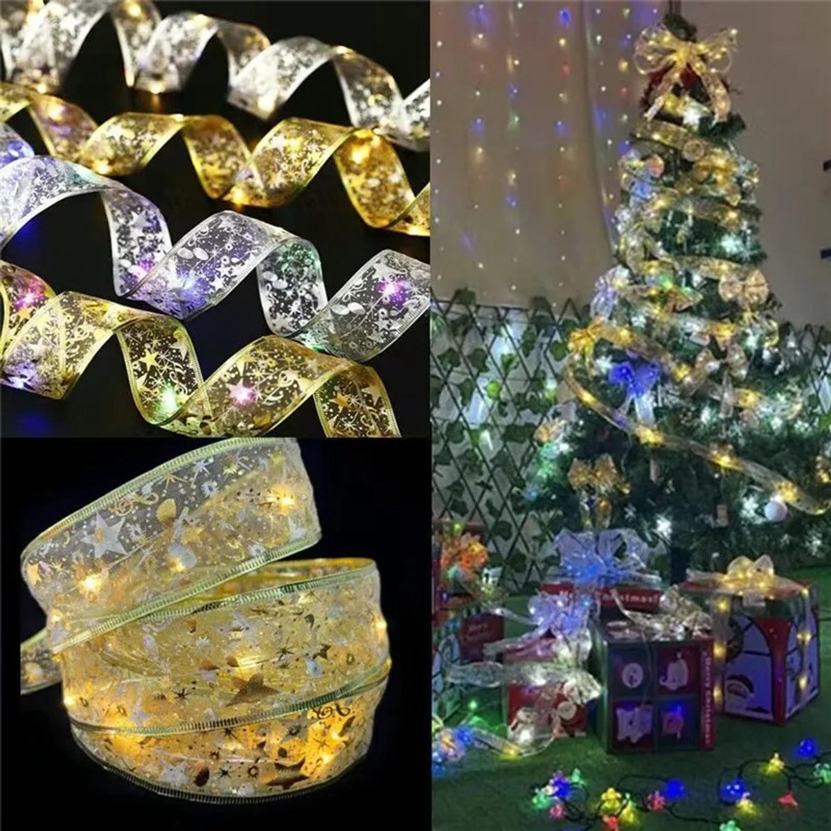Decoratieve kerstboomverlichting met lint – 5 meter lange lichtsnoer van lint met gouden rand en vormbare draad; geschikt voor kerstbomen, bruiloften, verjaardagsfeesten en feestelijke huisdecoratie