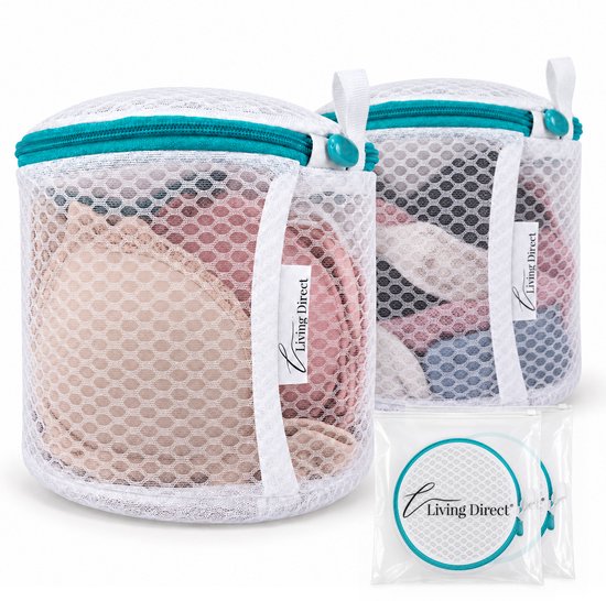 Ensemble de deux sacs de lavage ronds en blancs en filet avec fermeture éclair turquoise et étiquette Living Direct. Un sac est rempli d'un soutien-gorge beige et rose. L'autre sac est rempli de plusieurs soutiens-gorge de différentes couleurs.