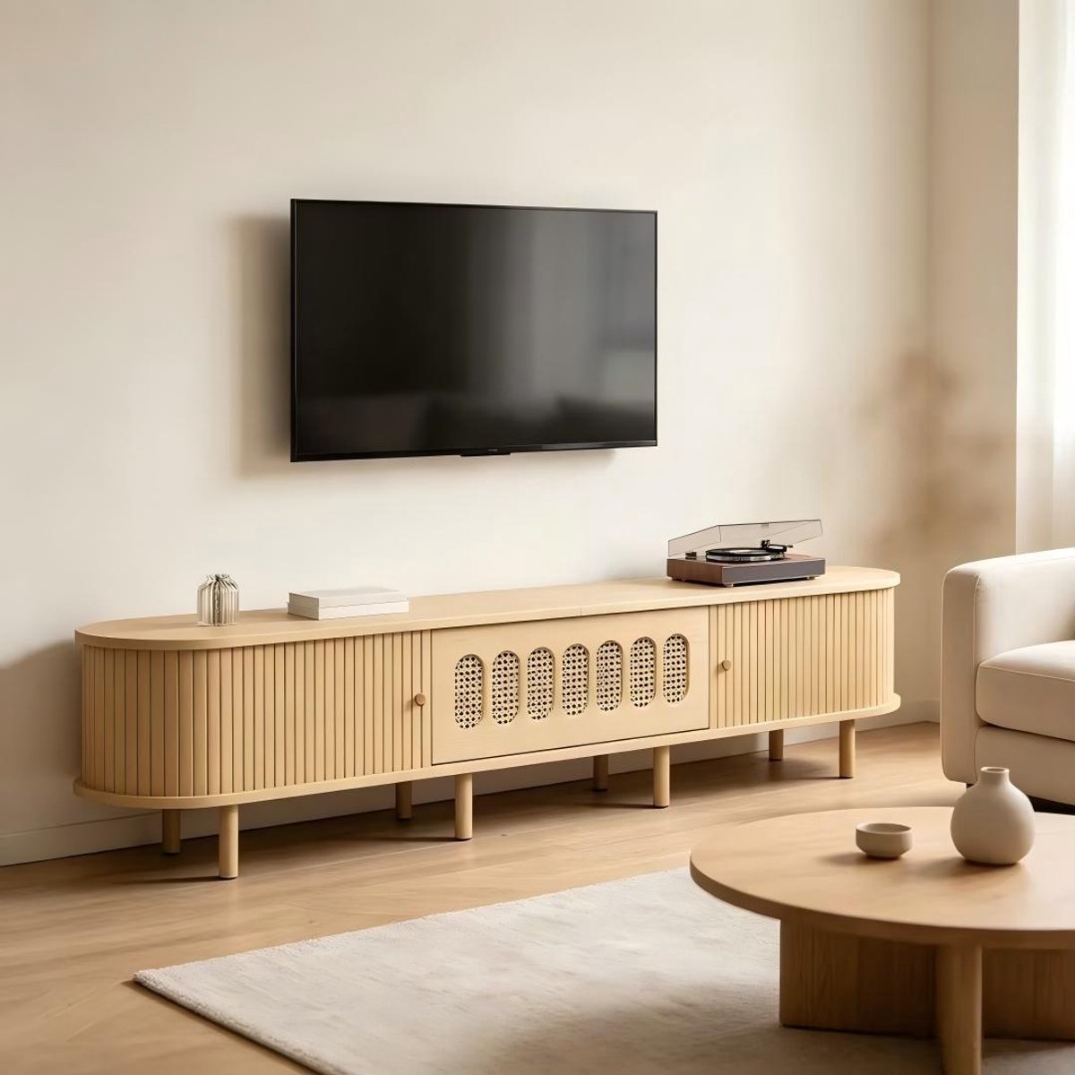 MODFU TV-Meubel - Klepdeur En Roldeuren - Rotanlook - MDF - Natural - 180 x 40 x 40 Cm Natuurlijk