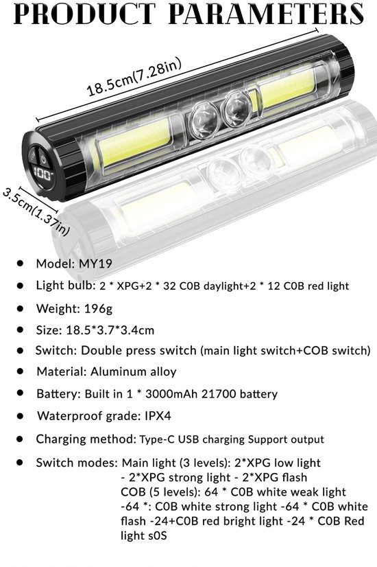 COB-fietsverlichtingsset – Voorlicht – Oplaadbaar via USB – Geschikt voor mountainbikes en racefietsen – Waterdicht ontwerp – Nood-powerbank voor telefoons — afbeelding 4