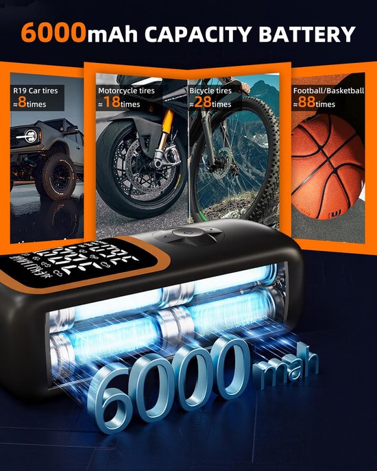 Draagbare Elektrische Bandenpomp - Draadloze Mini Compressieve Noodaccu (6000mAh) - 150 PSI Met LED Lamp & Powerbank Functie - Voor Auto, Fiets & Bal — afbeelding 4