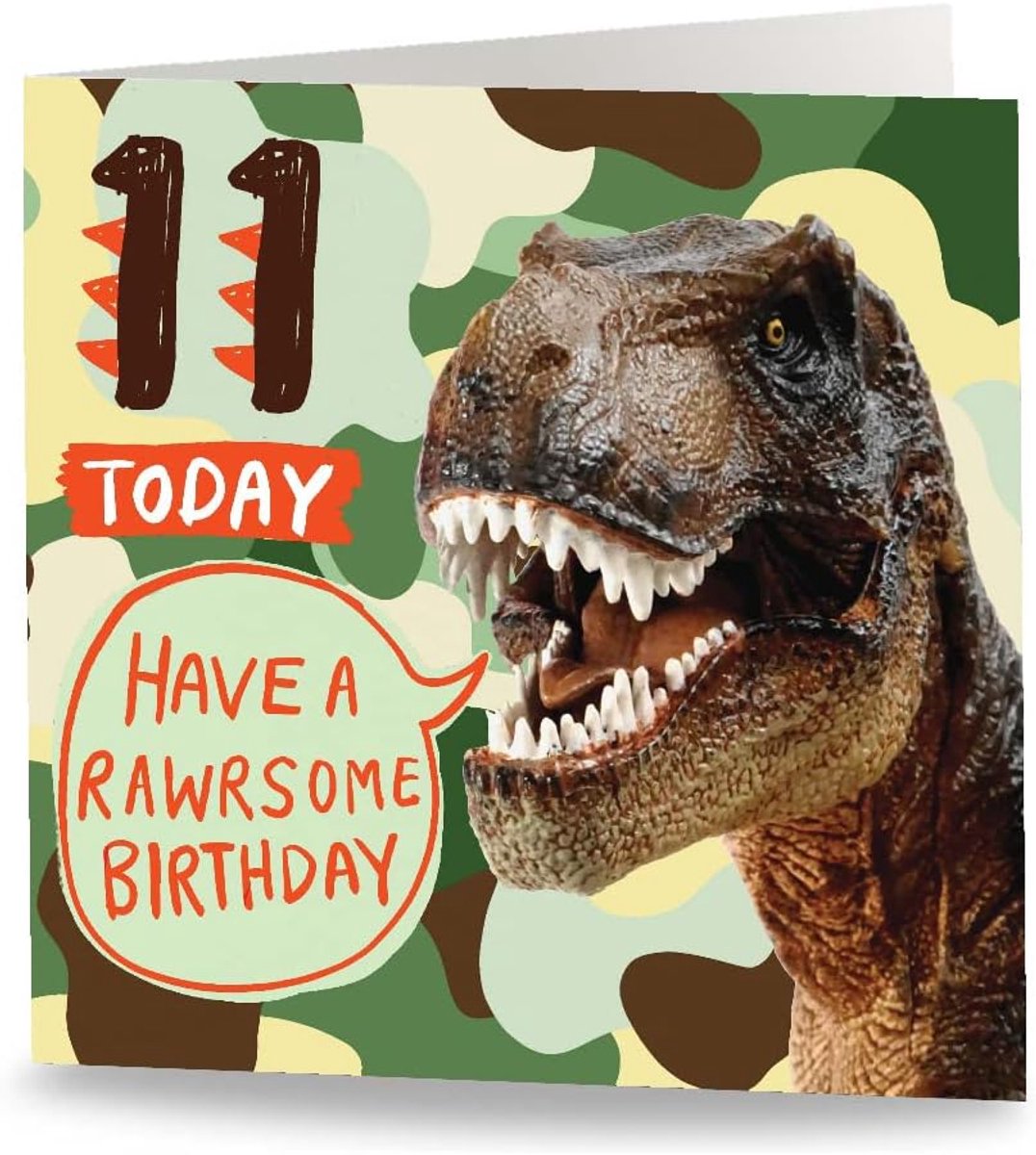 Maturi 11 Today - Rawrsome Green Camo Cards Birthday Greeting Card - blank inside - ShopVlot
