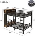 Afmetingen van zwart metalen stapelbed met houten accenten, inclusief kledingkast, lades en open vakken.