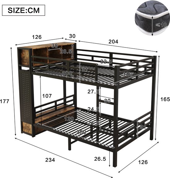 Afmetingen van zwart metalen stapelbed met houten accenten, inclusief kledingkast, lades en open vakken.