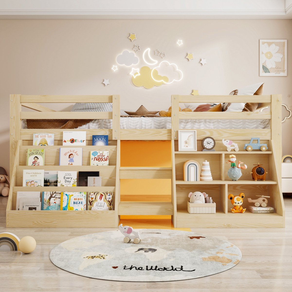 Merax Halfhoogslaper 140 x 200 cm, met plank, met LED-verlichting, met opbergruimte, zonder matras, houtkleur