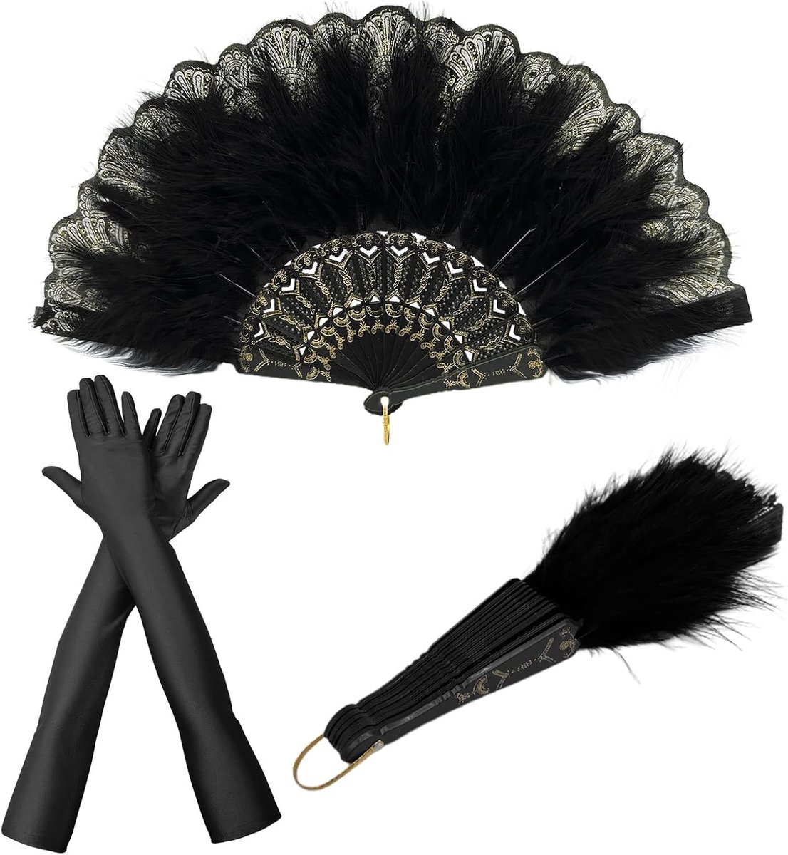 TSHAOUN Feather Fan 1920s Vintage Style Folding Hand Fan Folding Fan with Feathers and Black Satin Gloves for 1920s - ShopVlot