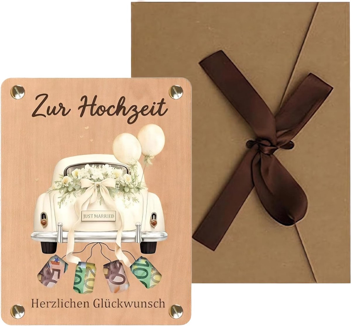 Houten bruiloftskaart, geldgeschenk, enveloppen, huwelijksauto, motief - ShopVlot