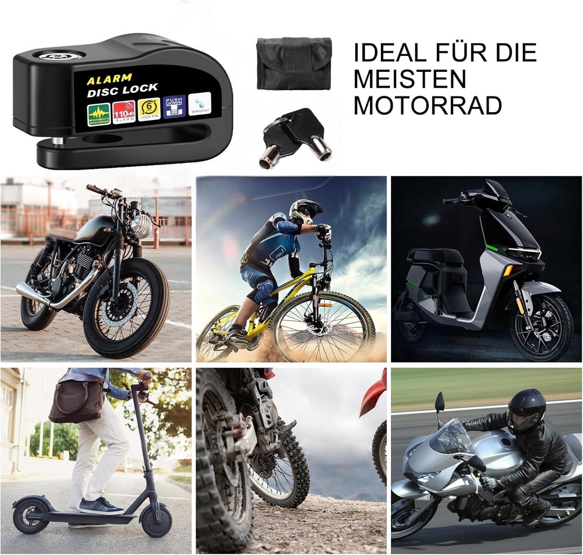 Schijfremslot met Alarm 110dB - Fietsslot en Motorslot met Bewegingssensor - Anti Diefstal Remschijfslot met Herinneringskabel - Waterdicht Veiligheidsslot voor Fiets Scooter en Motor – foto 4