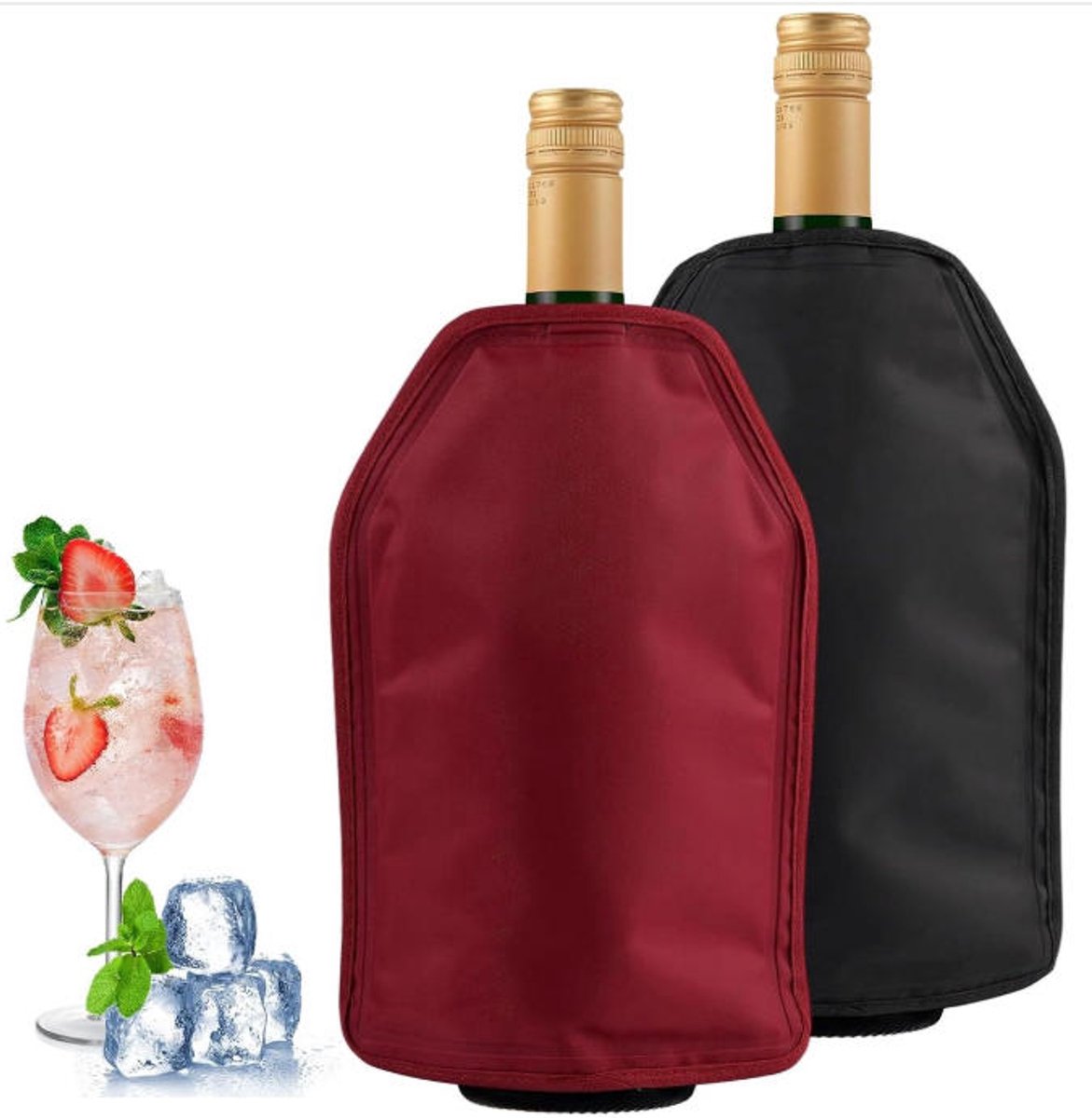 Herbruikbaar - 2-delige koelhoes voor wijnflessen - wijnkoeling set - zwart, rood - 23.5*15.5cm