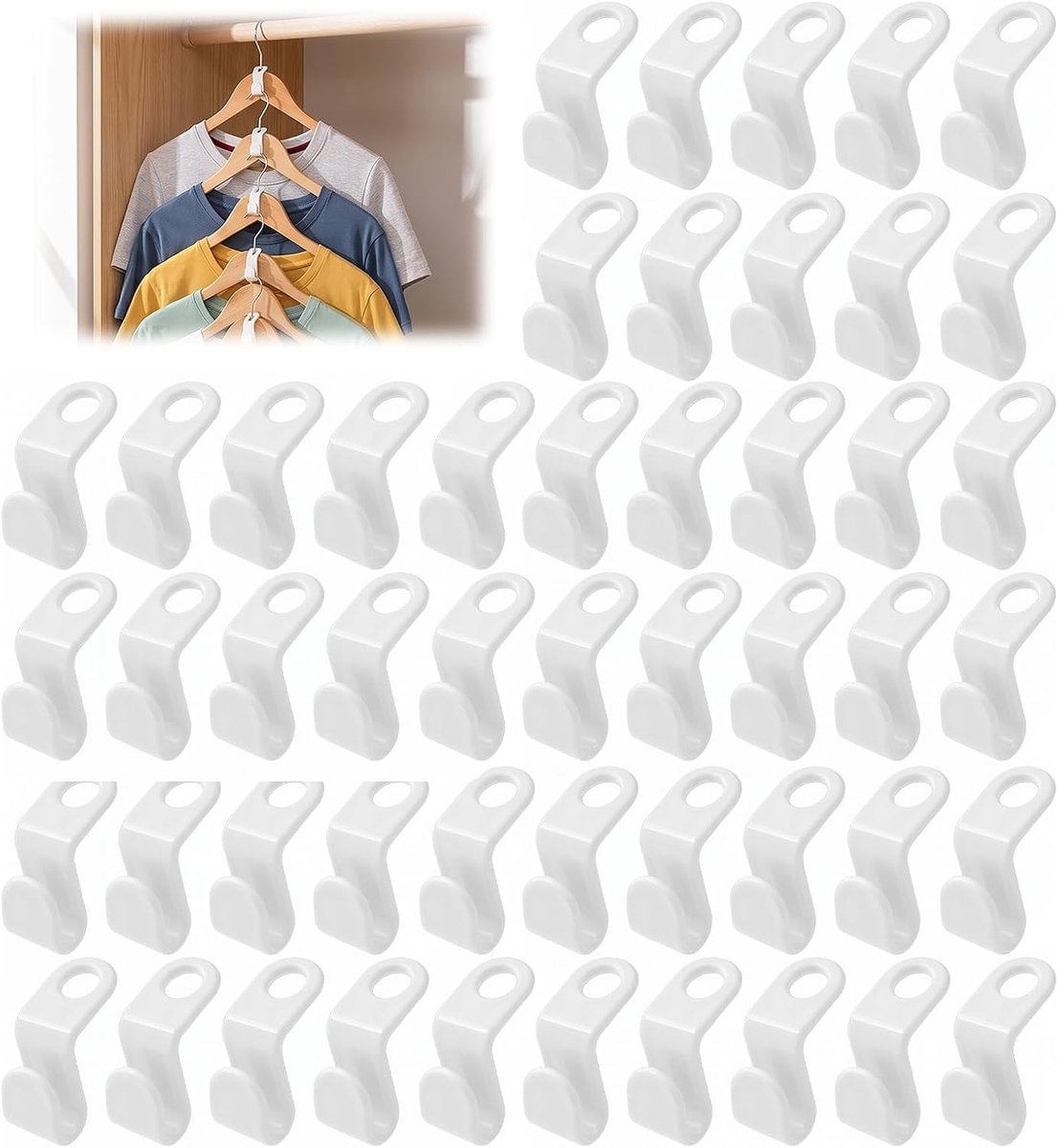 50 stuks ruimtebesparende kledinghangers - kledinghaakjes, stapelbare ruimtebespaarders, plastic kastorganizers en opbergverlengers voor zware toepassingen (wit, 4,5x2 cm)