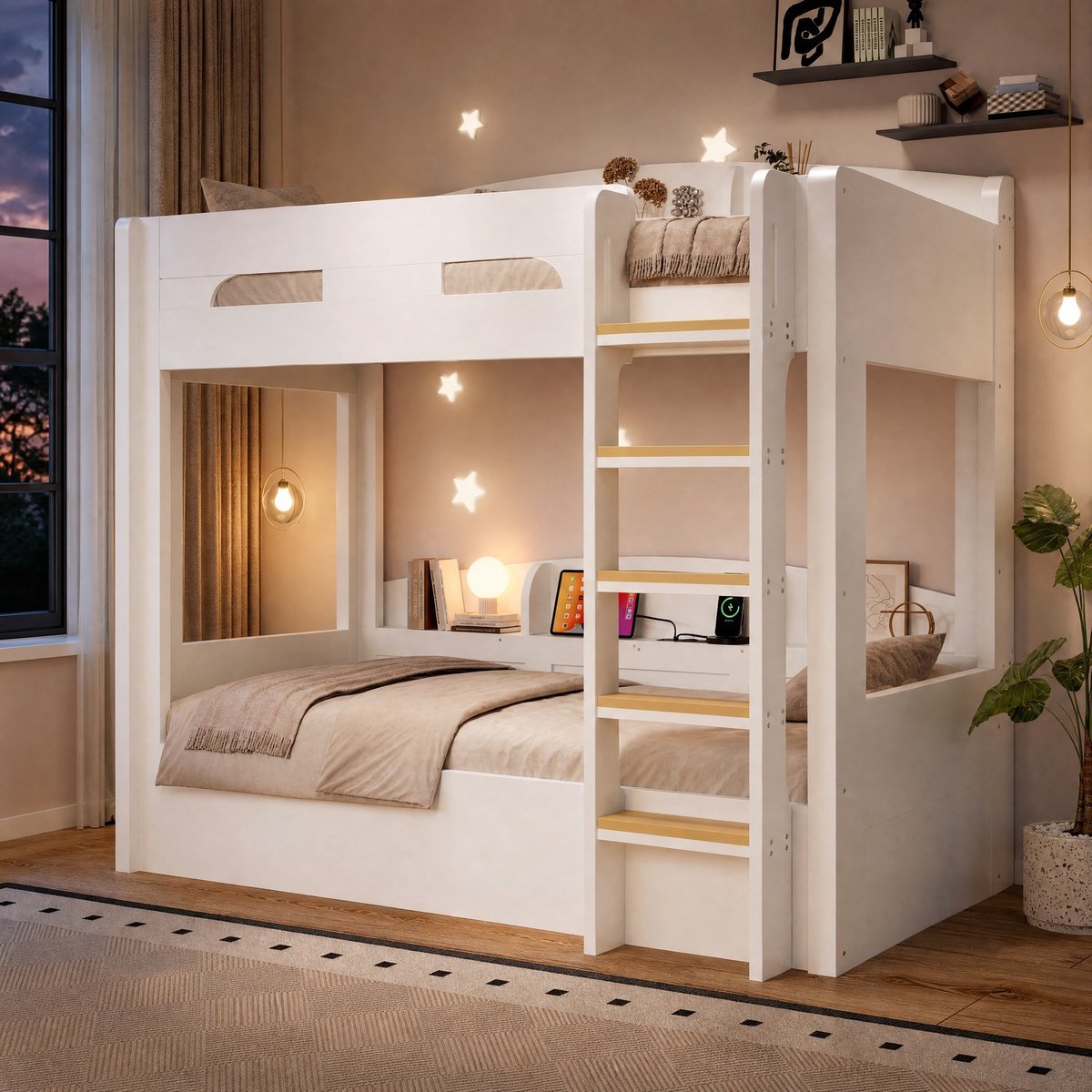 DESMIU Stapelbed 90x200 cm – USB-Stopcontact en Opbergplanken – Twee Slaapplaatsen met Ladder – Kinderkamer – Hout en MDF – Wit – Zonder Matras