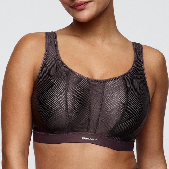 Voorkant van een smokey taupe PrimaDonna sportbeha met textuurpatroon en logo op de band.