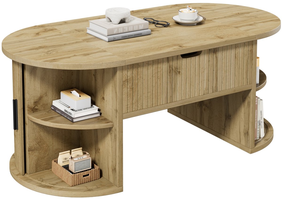 Ropilly In hoogte verstelbare salontafel - Ovale salontafel met opbergruimte - MDF Eikenkleur - Woonkamer - 100x50x40,5 cm