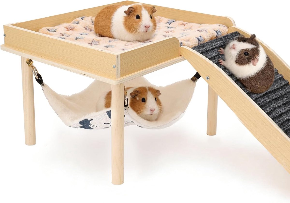Huis met Hangmat, Kleine Huisdieren Habitats Decor van Hout met Helling voor Konijnen, Hamsters, Racemuizen, Degus, Stekelmuizen, Speelgoed Accessoires 32 x 32 x 25cm