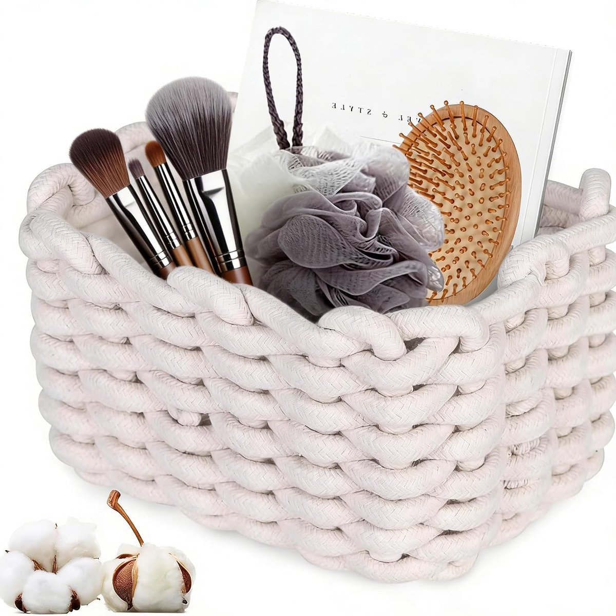 Gevlochten katoenen touw, 18 x 14 x 13 cm, mand, gevlochten, kleine mand, badkamer, luiertafel, organizer, mandje, opslag voor kinderkamer, woonkamer, badkamer (2)