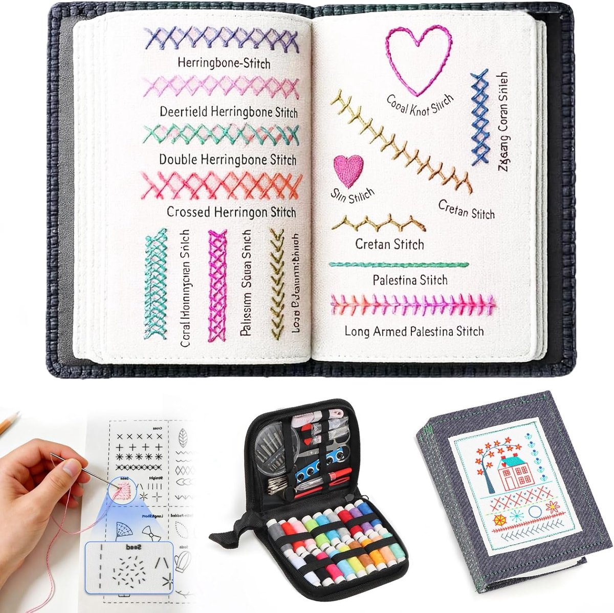 Stitche Book, borduurboekset met naaidoos en handleiding (mogelijk niet beschikbaar in het Nederlands), zeer dicht linnen, doe-het-zelf borduurboek met 143 steekinstructies (mogelijk niet