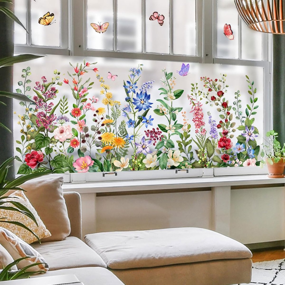 Milaosk raamafbeeldingen lente bloemen raam opkleefsticker raamstickers zelfklevend kleurrijke raamstickers zomer vogels anti-botsing raamfolie wilde bloemen raamdecoratie glas opkleefsticker