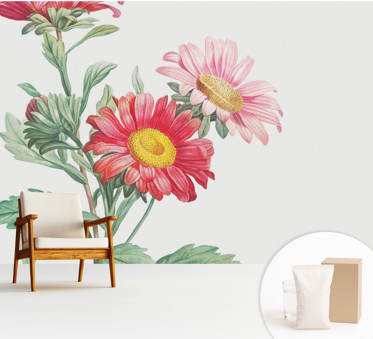 Wallfluent Fotobehang - Rood Vliesbehang - 312x219 cm - Tere Bloemen Fotobehang Vlies - Hal behang Bloemen En Planten - Muurschildering - Woonkamer behang
