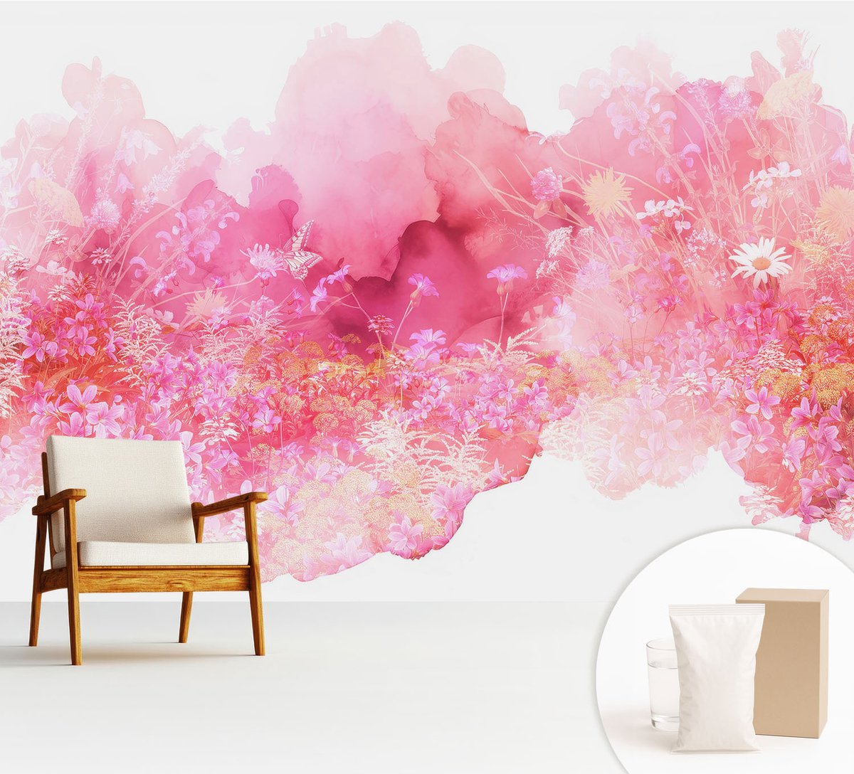 Wallfluent Fotobehang - Roze Vliesbehang - 312x219 cm - Bloemenpatroon Fotobehang Vlies - Hal behang Bloemen En Planten - Muurschildering - Hal behang