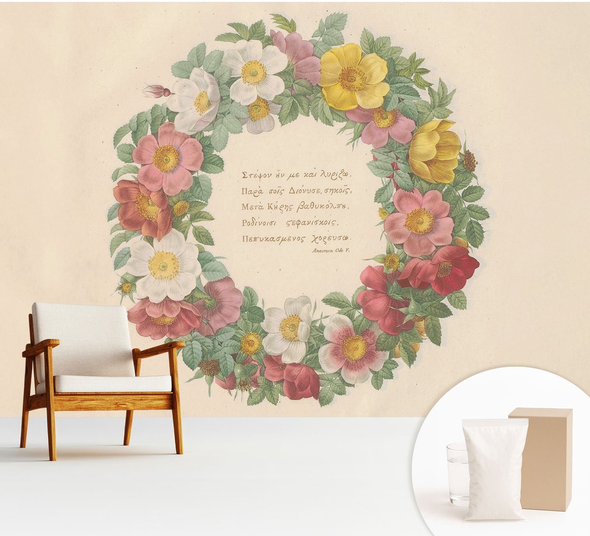 Wallfluent Fotobehang - Grijs Vliesbehang - 312x219 cm - Bloemenkrans Muurschildering - Gang behang Bloemen En Planten - Fotobehang Vlies - Slaapkamer behang