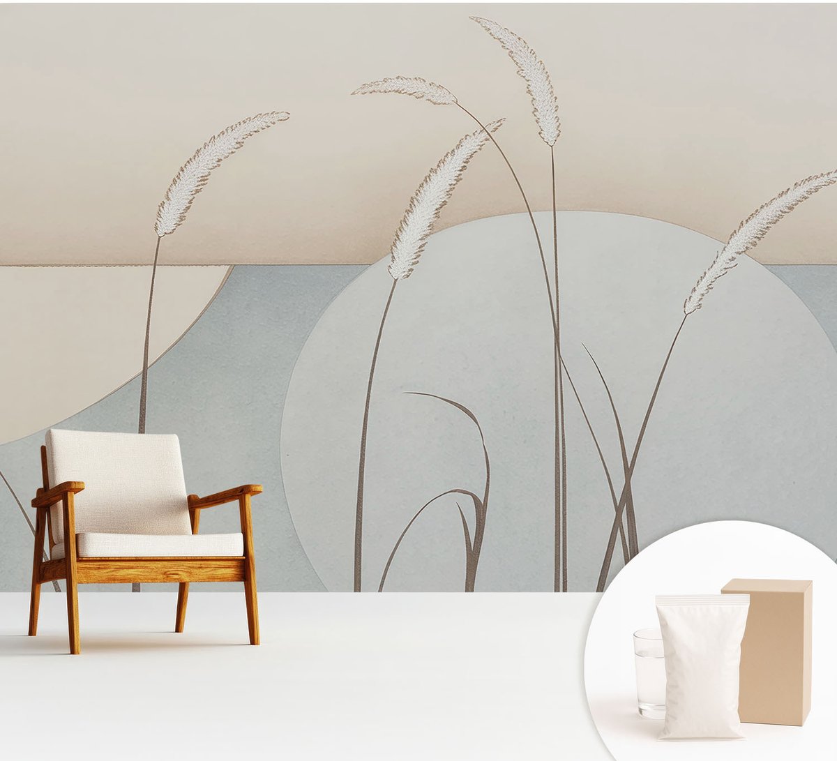 Wallfluent Fotobehang - Beige Vliesbehang - 312x219 cm - Zachte Grassen Fotobehang Vlies - Woonkamer behang Bloemen En Planten - Muurschildering - Hal behang