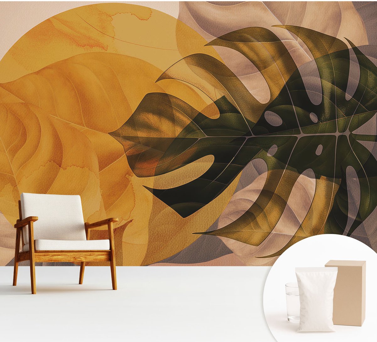 Wallfluent Fotobehang - Oranje Vliesbehang - 312x219 cm - Abstracte Bladeren Fotobehang Vlies - Hal behang Bloemen En Planten - Muurschildering - Woonkamer behang