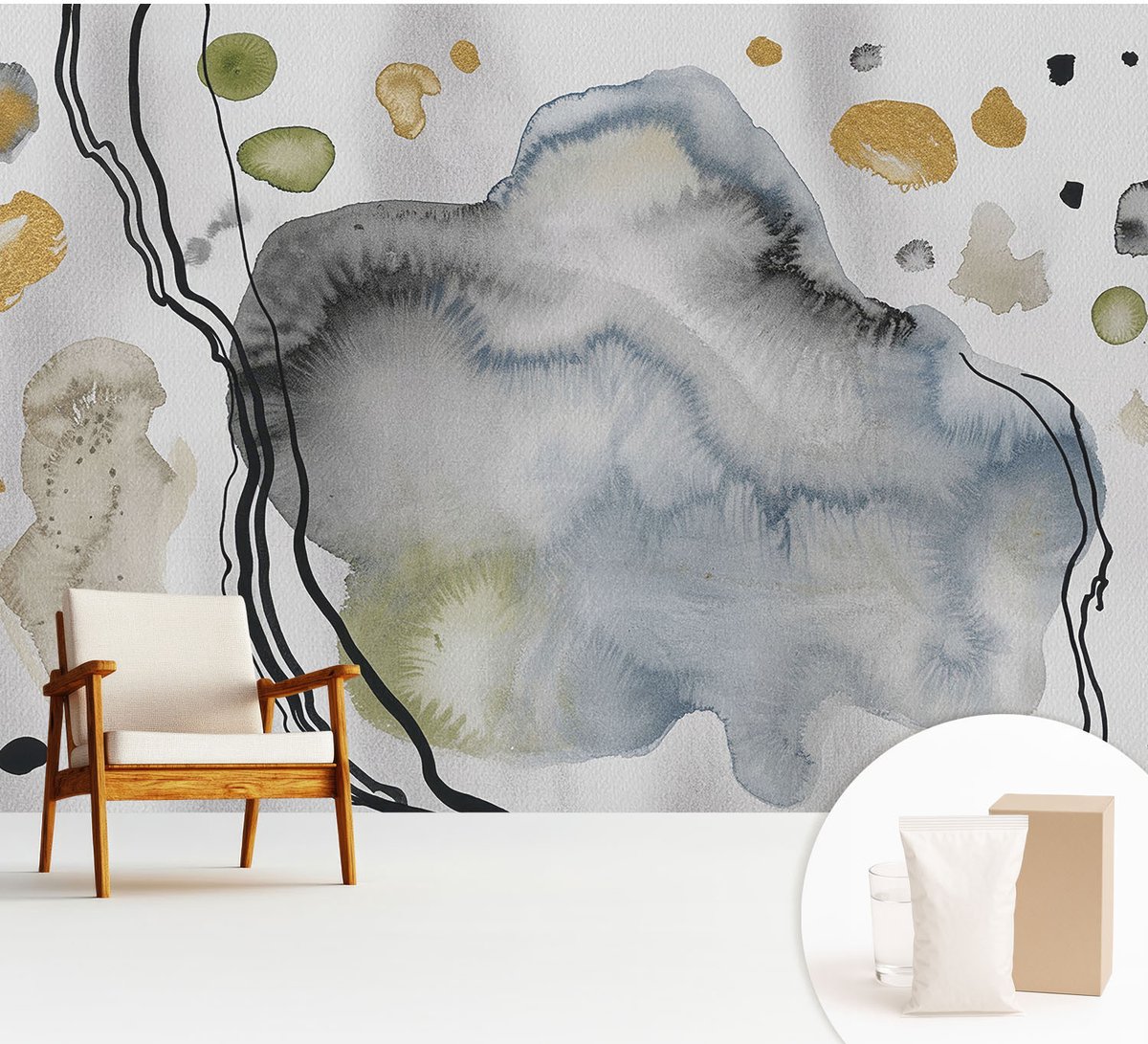 Wallfluent Fotobehang - Grijs Vliesbehang - 312x219 cm - Abstracte Aquarel Muurschildering - Gang behang Abstractie - Fotobehang Vlies - Slaapkamer behang