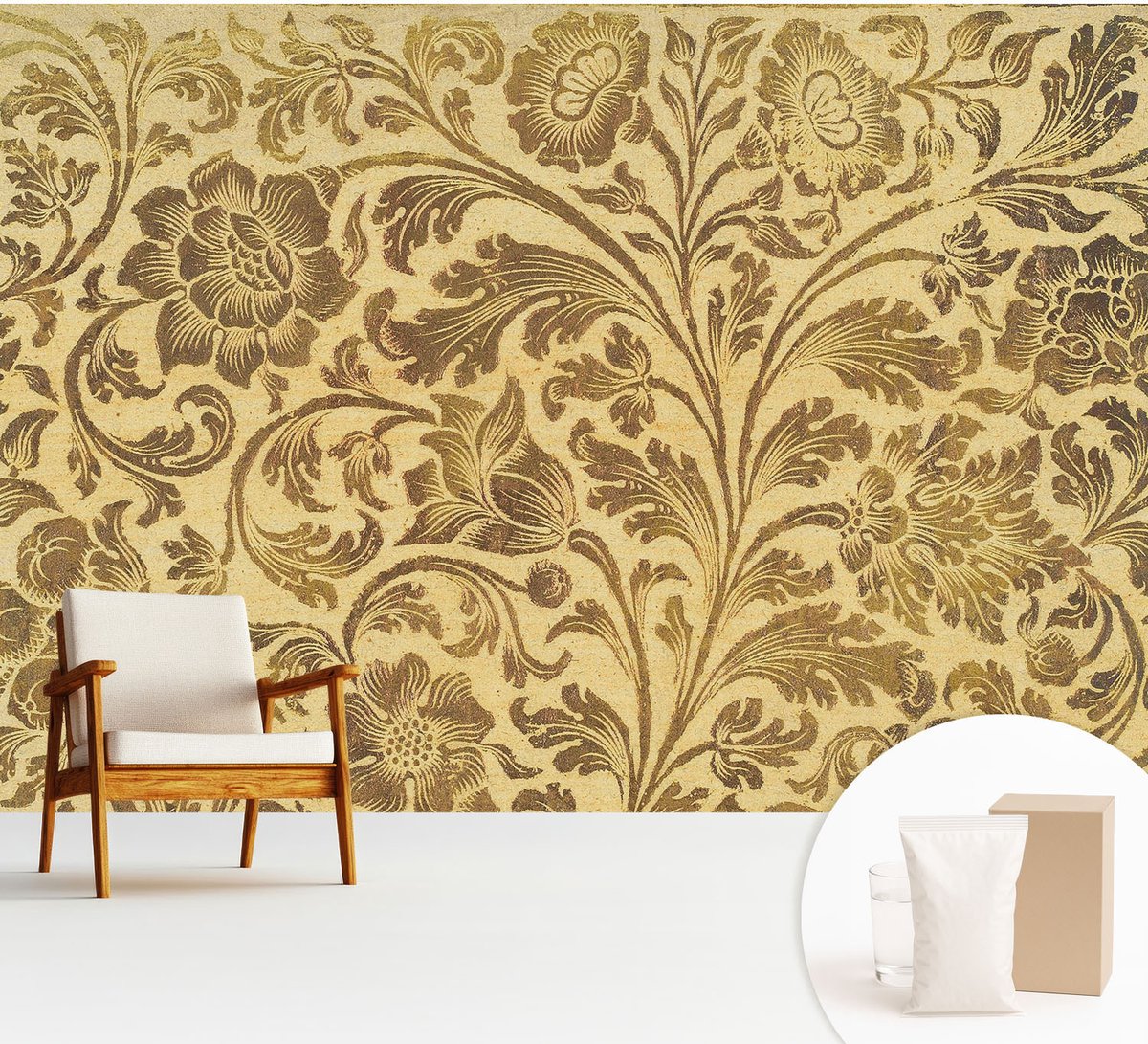 Wallfluent Fotobehang - Geel Vliesbehang - 312x219 cm - Bloemenpatroon Fotobehang Vlies - Woonkamer behang Achtergronden En Patronen - Muurschildering - Woonkamer behang