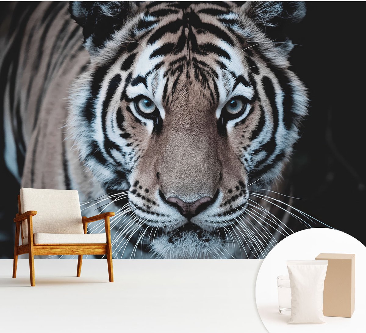 Wallfluent Fotobehang - Zwart Vliesbehang - 312x219 cm - Tijgerportret Fotobehang Vlies - Woonkamer behang Dieren - Muurschildering - Woonkamer behang