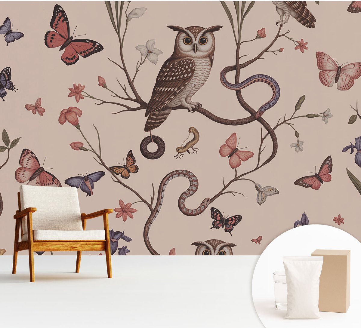 Wallfluent Fotobehang - Beige Vliesbehang - 312x219 cm - Uil Natuur Fotobehang Vlies - Hal behang Bloemen En Planten - Muurschildering - Woonkamer behang