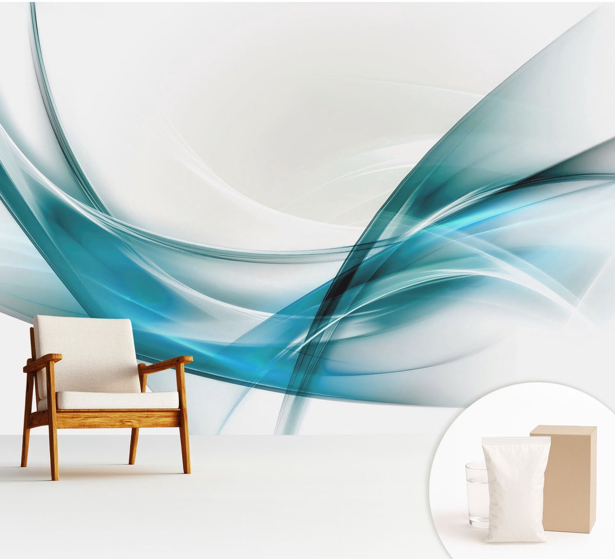 Wallfluent Fotobehang - Wit Vliesbehang - 312x219 cm - Blauwe Golven Fotobehang Vlies - Hal behang Abstractie - Muurschildering - Woonkamer behang