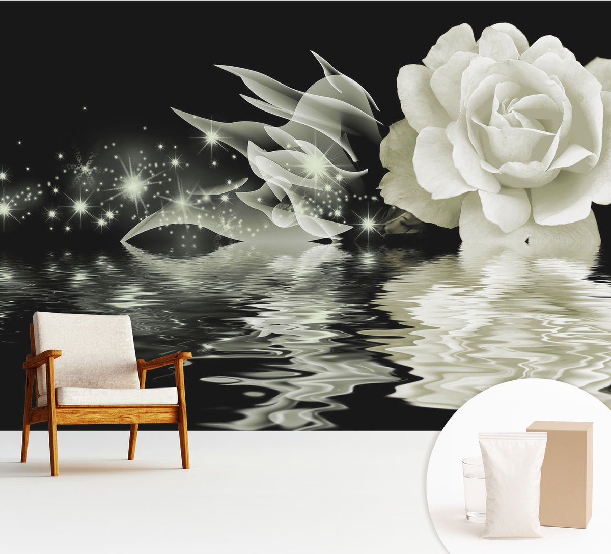 Wallfluent Fotobehang - Wit Vliesbehang - 312x219 cm - Lichtgevende Roos Muurschildering - Gang behang Bloemen En Planten - Fotobehang Vlies - Gang behang