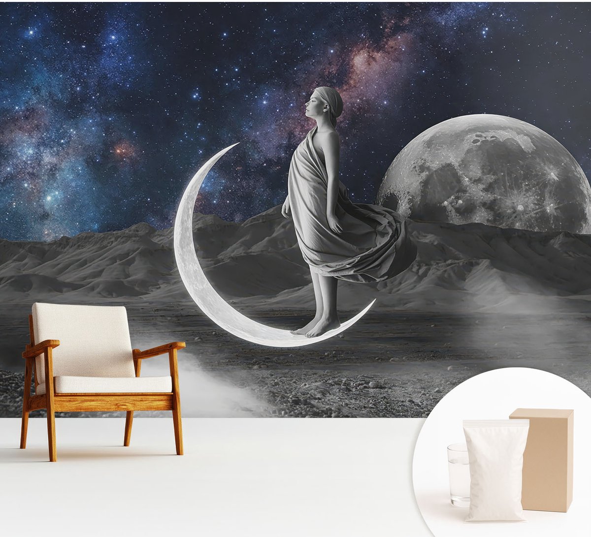 Wallfluent Fotobehang - Zwart-Wit Vliesbehang - 312x219 cm - Nachtdromen Fotobehang Vlies - Hal behang Kosmos - Muurschildering - Woonkamer behang