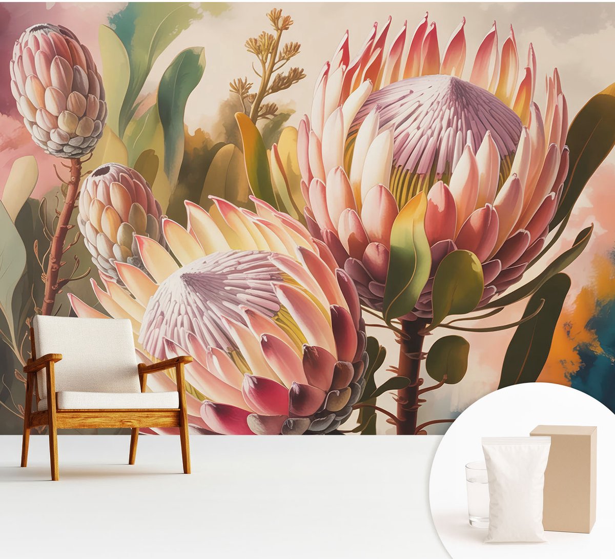 Wallfluent Fotobehang - Roze Vliesbehang - 312x219 cm - Protea-Bloemen Muurschildering - Gang behang Bloemen En Planten - Fotobehang Vlies - Slaapkamer behang