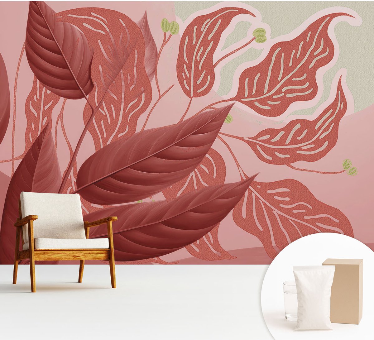 Wallfluent Fotobehang - Rood Vliesbehang - 312x219 cm - Biologische Bladeren Fotobehang Vlies - Hal behang Bloemen En Planten - Muurschildering - Woonkamer behang