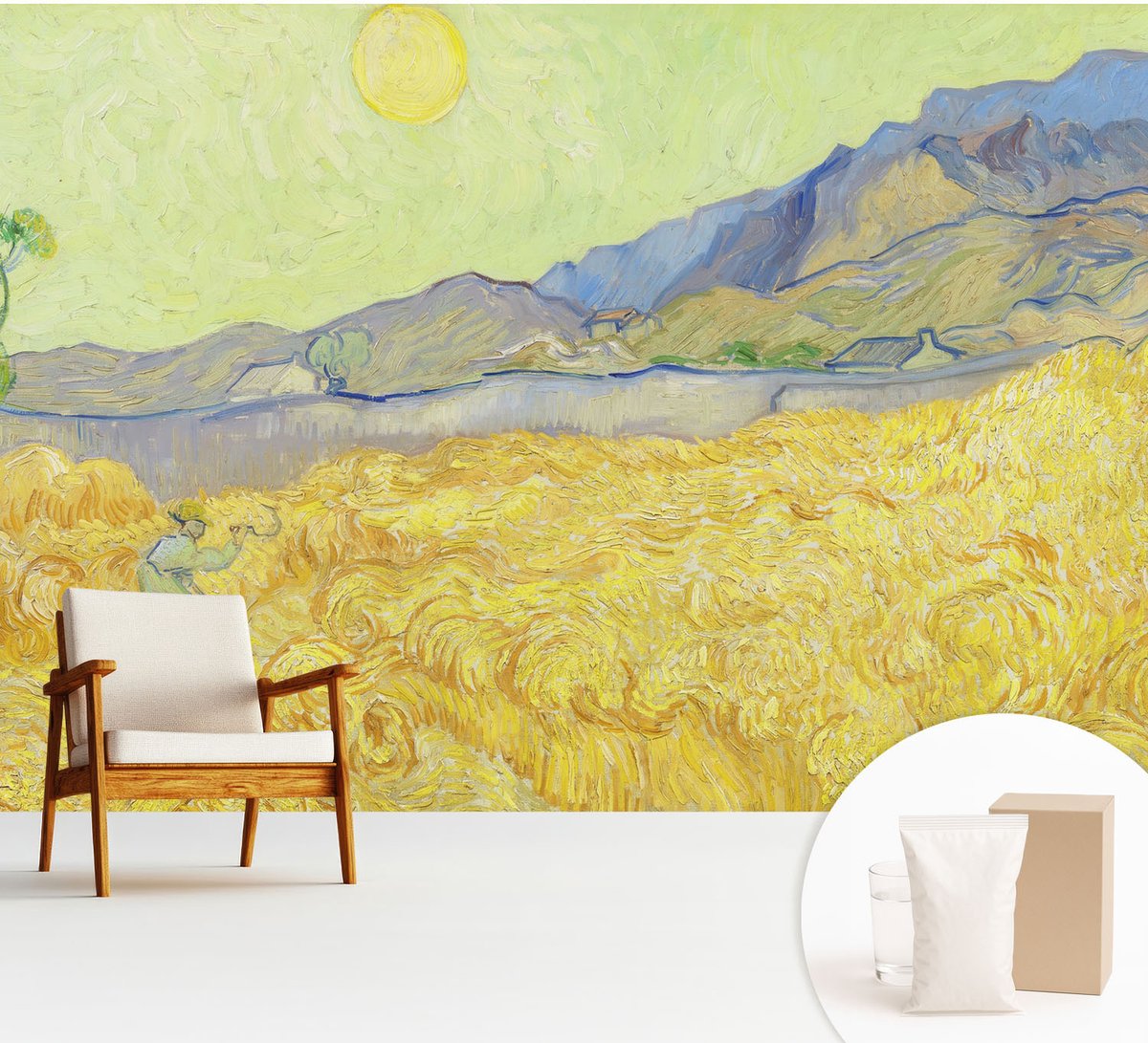 Wallfluent Fotobehang - Geel Vliesbehang - 312x219 cm - Tarweveld Fotobehang Vlies - Hal behang Landschappen - Muurschildering - Hal behang