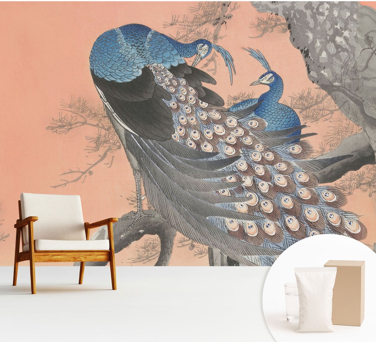 Wallfluent Fotobehang - Oranje Vliesbehang - 312x219 cm - Pauwenelegantie Muurschildering - Gang behang Dieren - Fotobehang Vlies - Slaapkamer behang