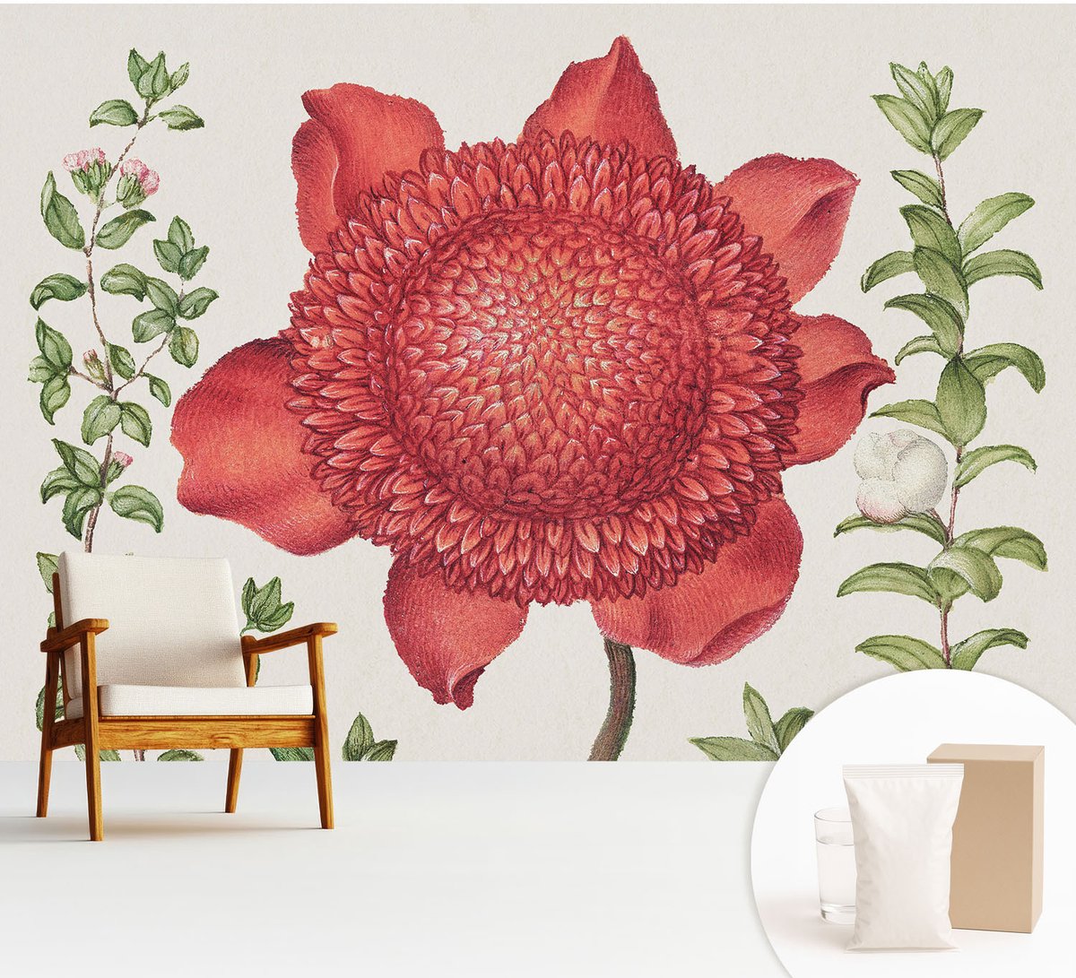 Wallfluent Fotobehang - Rood Vliesbehang - 312x219 cm - Bloemige Elegantie Fotobehang Vlies - Hal behang Bloemen En Planten - Muurschildering - Hal behang