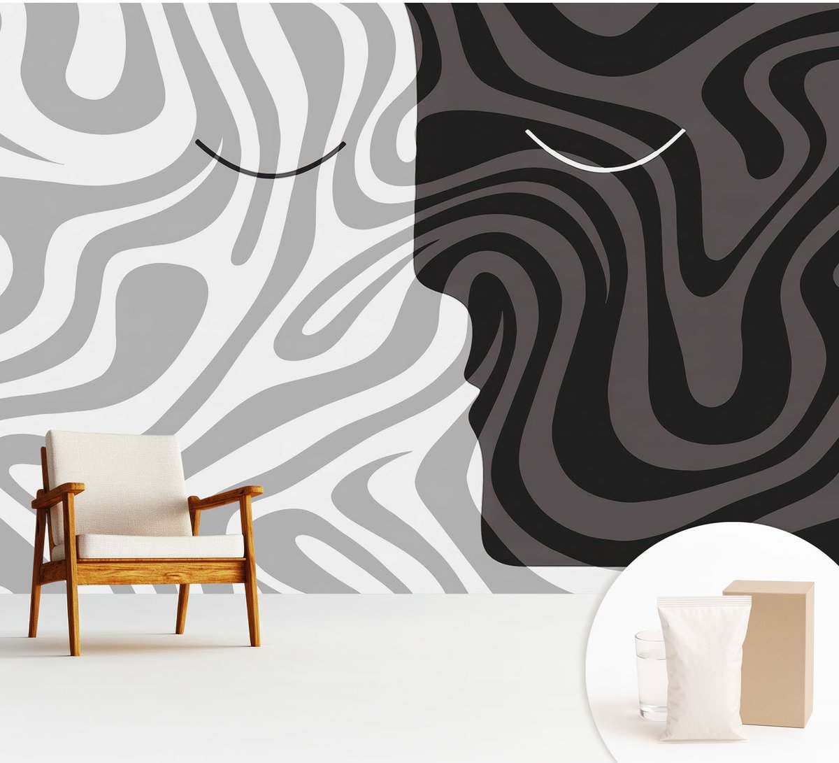 Wallfluent Fotobehang - Grijs Vliesbehang - 312x219 cm - Abstracte Gezichten Fotobehang Vlies - Woonkamer behang Abstractie - Muurschildering - Woonkamer behang