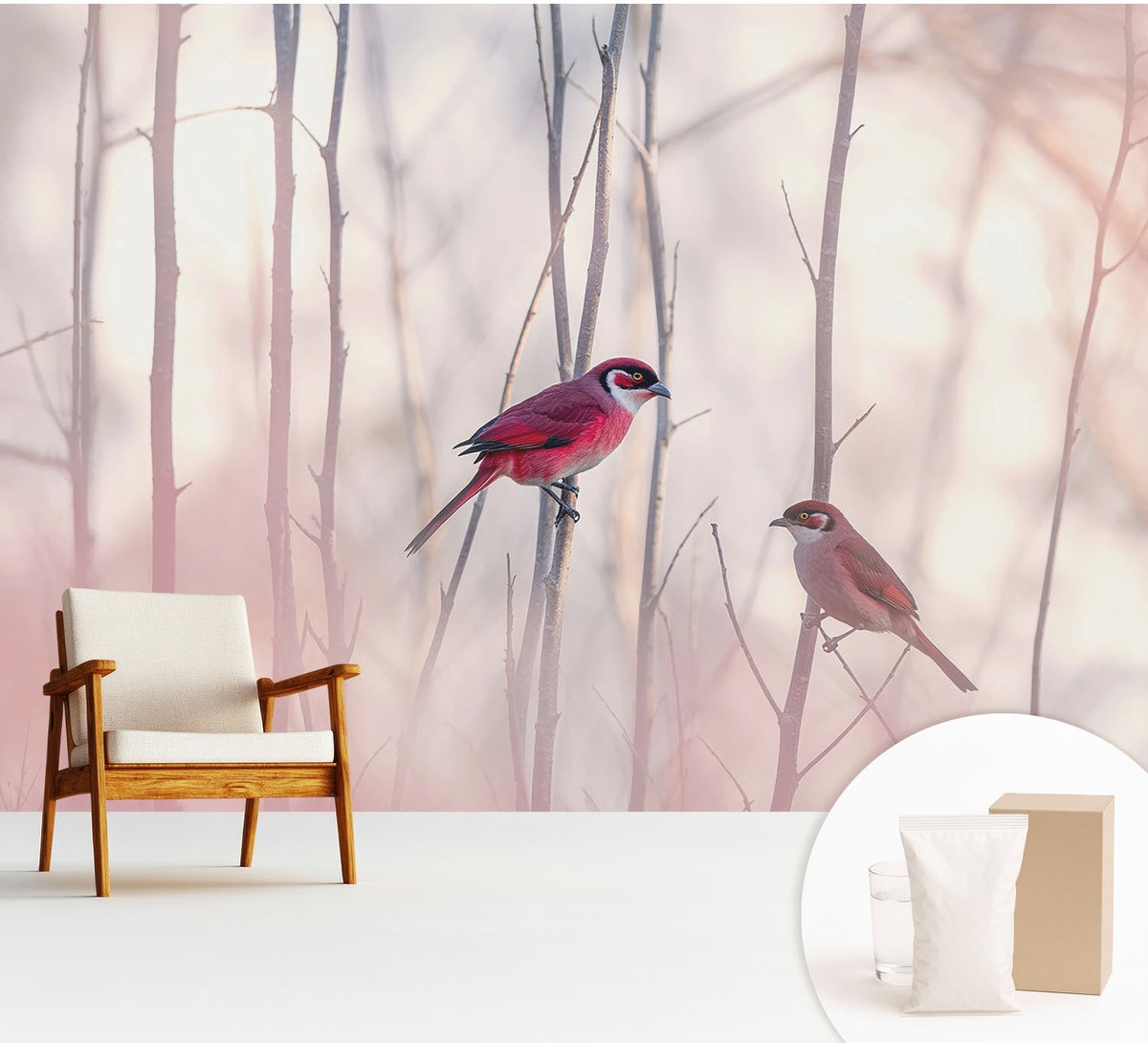 Wallfluent Fotobehang - Roze Vliesbehang - 312x219 cm - Vogelpaar Muurschildering - Slaapkamer behang Dieren - Fotobehang Vlies - Gang behang